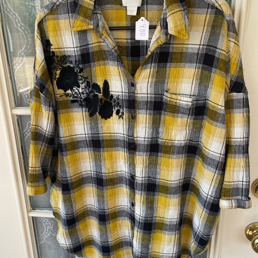 Maeve Anthropologie Plaid Button Down Shirt Size M/L Yellow Black Embroidered 🌼
